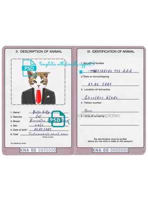 Saint Kitts and Nevis cat (animal, pet) passport PSD template, fully editable