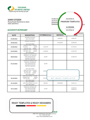 Saint Kitts and Nevis The Bank of Nevis bank proof of address statement template in Word and PDF format