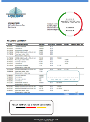 Saint Lucia Loyal Bank bank proof of address statement template in Word and PDF format