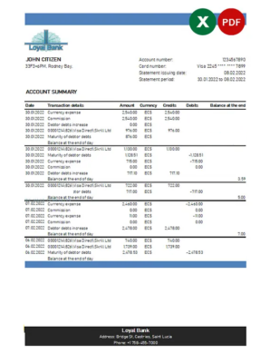 Saint Lucia Loyal bank statement, Excel and PDF template