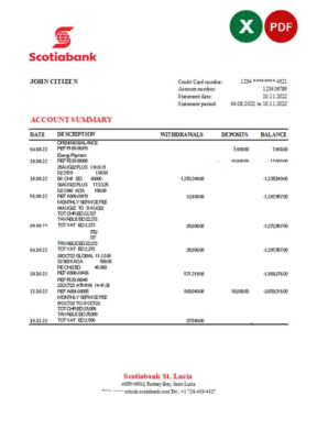 Saint Lucia Scotiabank bank statement, Excel and PDF template