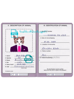 Saint Vincent and the Grenadines cat (animal, pet) passport PSD template, fully editable