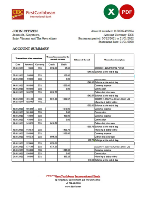 Saint Vincent and The Grenadines First Caribbean International bank statement, Excel and PDF template, version 2