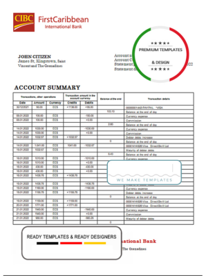 Saint Vincent and The Grenadines First Caribbean International Bank bank proof of address statement template in Word and PDF format