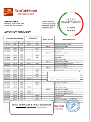 Saint Vincent and The Grenadines First Caribbean International Bank statement template in Excel and PDF format