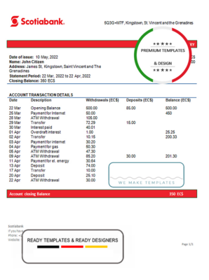 Saint Vincent and The Grenadines Scotiabank bank proof of address statement template in Word and PDF format