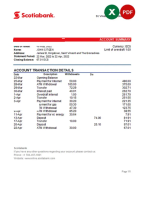 Saint Vincent and The Grenadines Scotiabank bank statement, Excel and PDF template