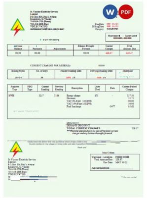 Saint Vincent and the Grenadines St. Vincent Electricity Services Limited utility bill Word and PDF template