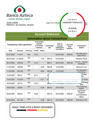 Salvador Banco Azteca bank statement template in Word and PDF format