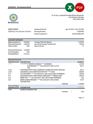 Salvador Bandesal bank statement, Excel and PDF template