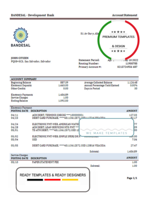 Salvador Bandesal bank statement template in Word and PDF format