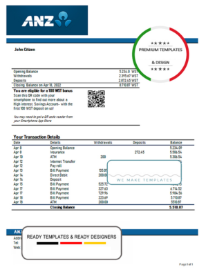 Samoa ANZ bank proof of address statement template in Word and PDF format