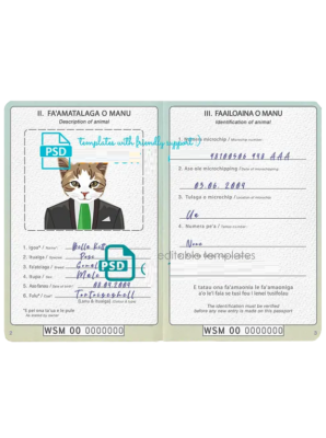 Samoa cat (animal, pet) passport PSD template, completely editable