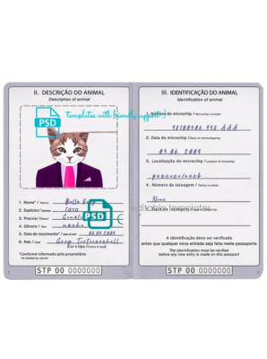 São Tomé and Príncipe cat (animal, pet) passport PSD template, fully editable