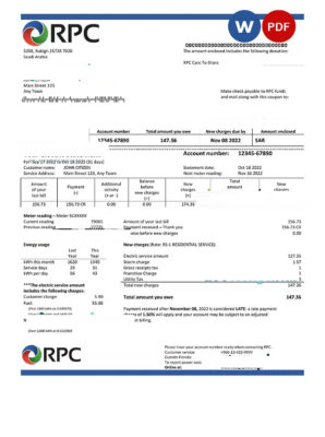 Saudi Arabia Rabigh Power Company utility bill, Word and PDF template