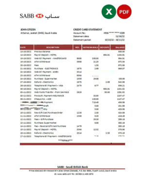 Saudi Arabia SABB bank statement, Excel and PDF template