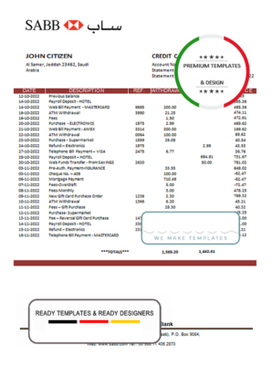 Saudi Arabia SABB bank statement template in Word and PDF format