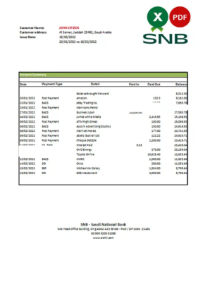 Saudi Arabia SNB bank statement, Excel and PDF template