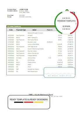 Saudi Arabia SNB bank statement template in Word and PDF format