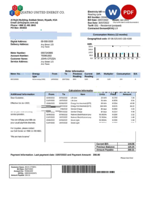 Saudi Quatro United Energy Co. utility bill, Word and PDF template