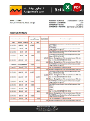 Senegal Attijariwafa bank statement, Excel and PDF template