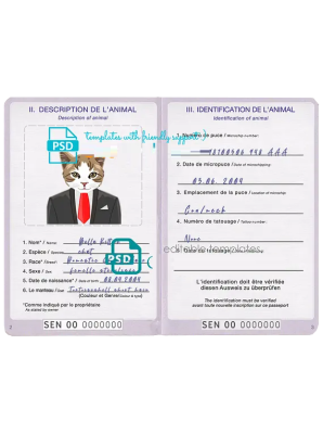 Senegal cat (animal, pet) passport PSD template, fully editable