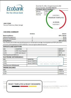 Senegal Ecobank Bank proof of address statement template in Word and PDF format