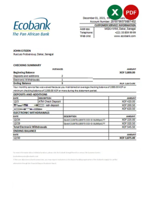 Senegal Ecobank bank statement, Excel and PDF template Senegal Ecobank bank statement, Excel and PDF template