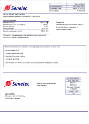 Senegal Senelec Agence Sacré Coeur Company electricity utility bill template in Word and PDF format