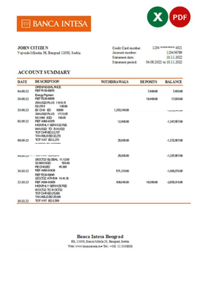 Serbia Banca Intesa bank statement, Excel and PDF template