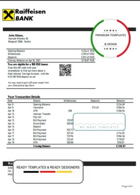 Serbia Raiffeisen Bank proof of address statement template in Word and PDF format