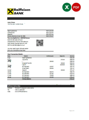 Serbia Raiffeisen bank statement, Excel and PDF template