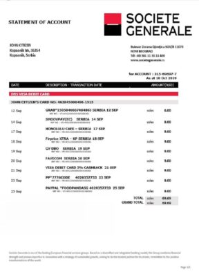 Serbia Societe Generale bank proof of address statement template in Word and PDF format