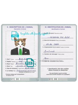 Seychellas cat (animal, pet) passport PSD template, fully editable