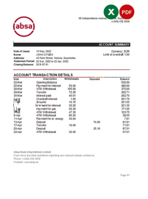 Seychelles ABSA bank statement, Excel and PDF template