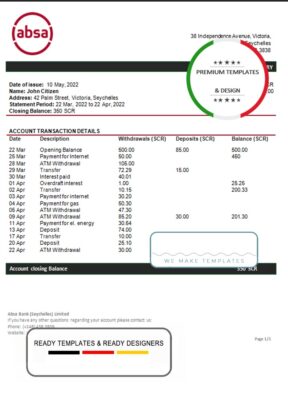 Seychelles ABSA Bank statement template, Word and PDF format (.doc and .pdf)