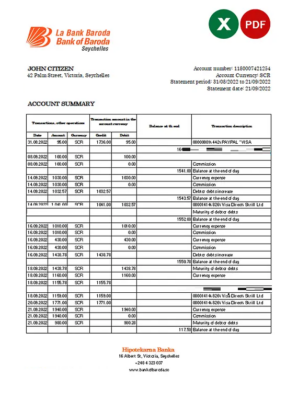 Seychelles Bank of Baroda bank statement, Excel and PDF template