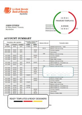 Seychelles Bank of Baroda bank statement template in Word and PDF format