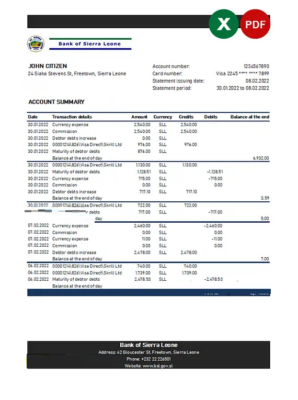 Sierra Leone Bank of Sierra Leone bank statement, Excel and PDF template Sierra Leone Bank of Sierra Leone bank statement, Excel and PDF template