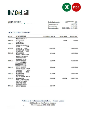 Sierra Leone National Development bank statement, Excel and PDF template Sierra Leone National Development bank statement, Excel and PDF template