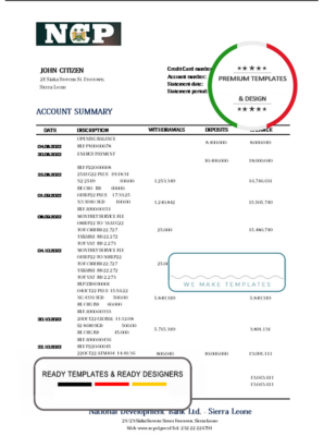 Sierra Leone National Development bank statement template in Word and PDF format