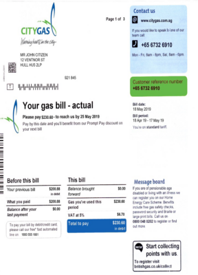 Singapore City Gas utility bill template, fully editable in PSD format