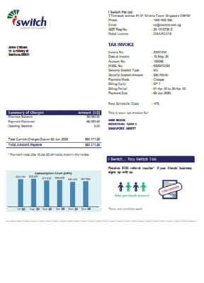 Singapore I Switch electricity utility bill template in Word and PDF format