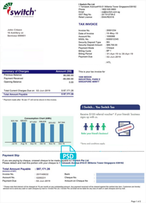 Singapore Iswitch energy utility bill template, fully editable in PSD format