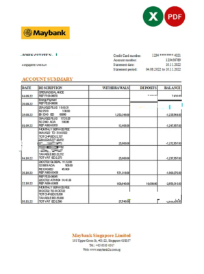 Singapore Maybank bank statement, Excel and PDF template