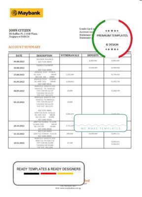 Singapore Maybank bank statement template in Word and PDF format