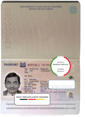 Singapore passport template in PSD format, fully editable, with all fonts