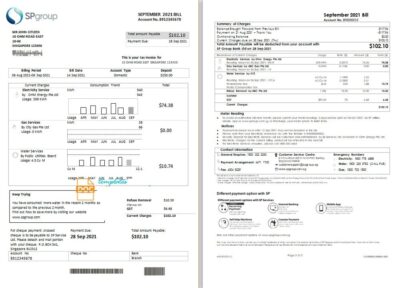 Singapore SP Group utility bill template in Word and PDF format (2 pages)