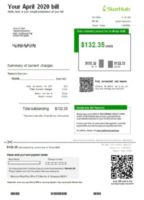 Singapore StarHub utility bill template in Word and PDF format