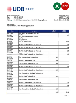 Singapore UOB bank statement, Excel and PDF template